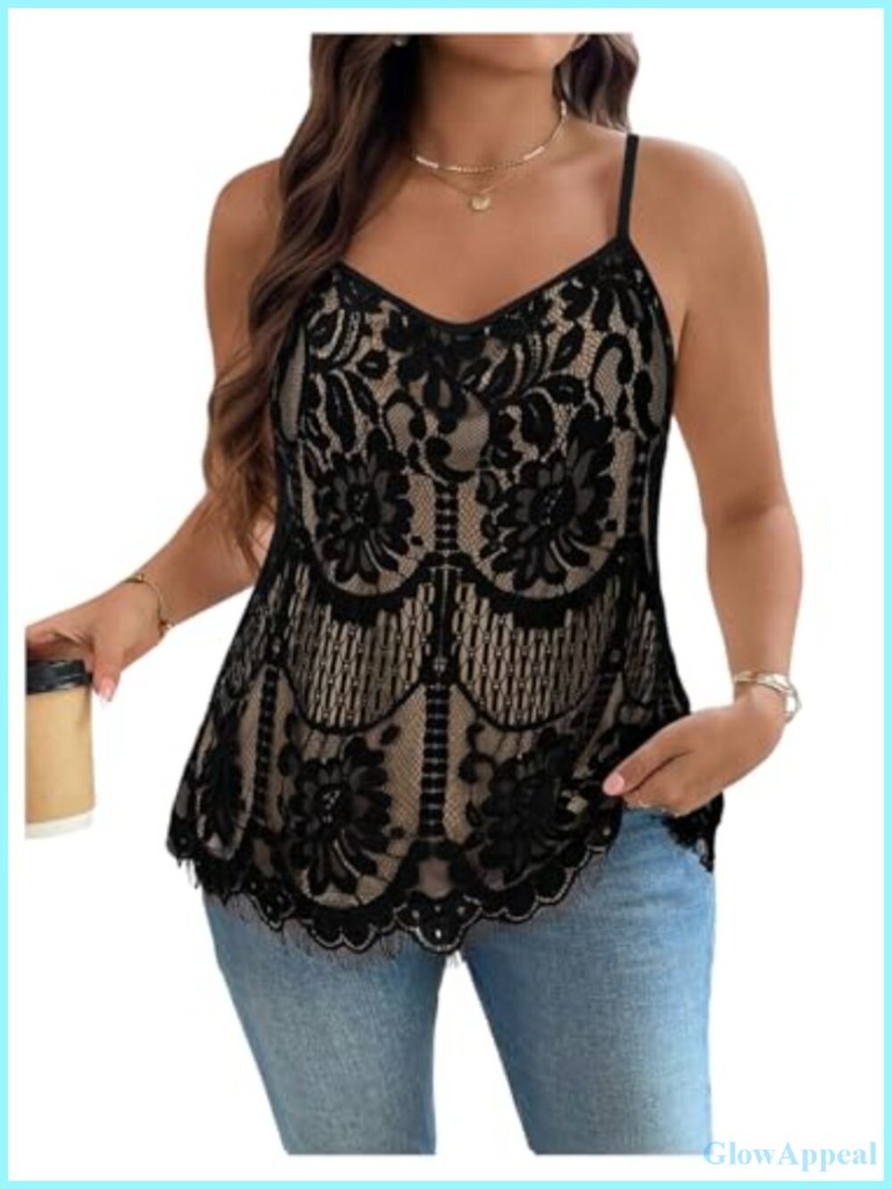 Plus Size Floral Lace Spaghetti Strap Sleeveless Tank Top Backless
